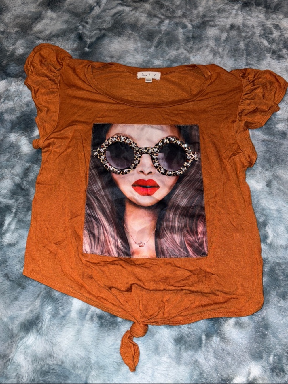 Vintage Graphic Tie-Front Orange Tee with Sunglasses Print